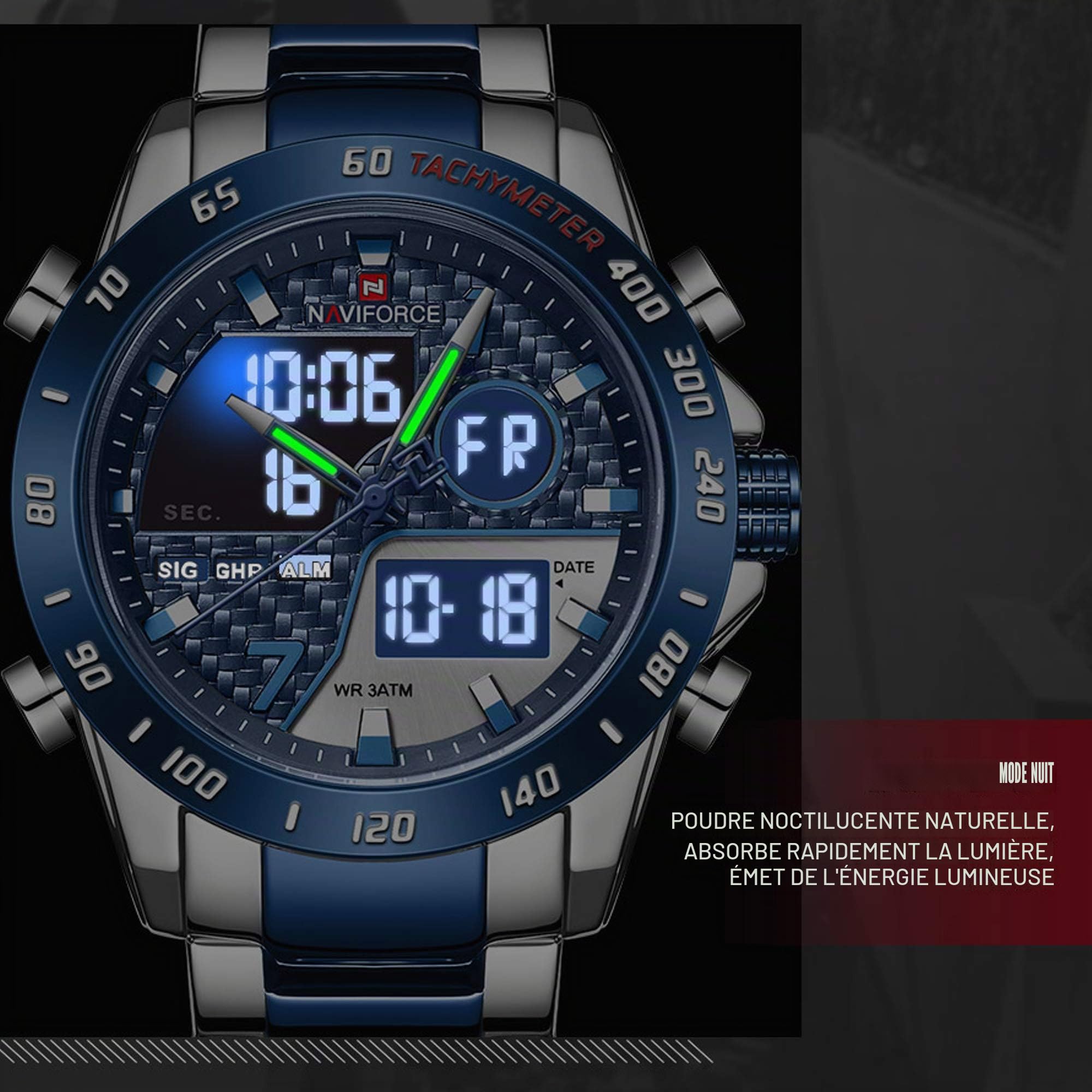 NAVIFORCE Montre à quartz analogique et numérique multifonction pour homme avec chronographe, double fuseau horaire, fonction snooze SIG