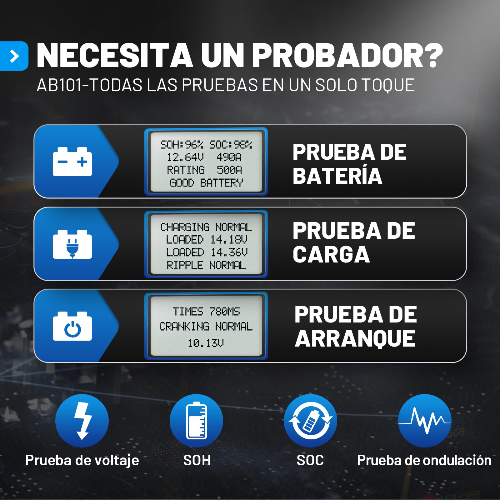 TOPDON ArtiBattery AB101 Comprobador de batería de Coche de 12 V 100 – 2000 CCA. Medidor de batería de Coche para Pruebas de Arranque y Carga, Analizador Digital para Celda húmeda/AGM/Gel/EFB