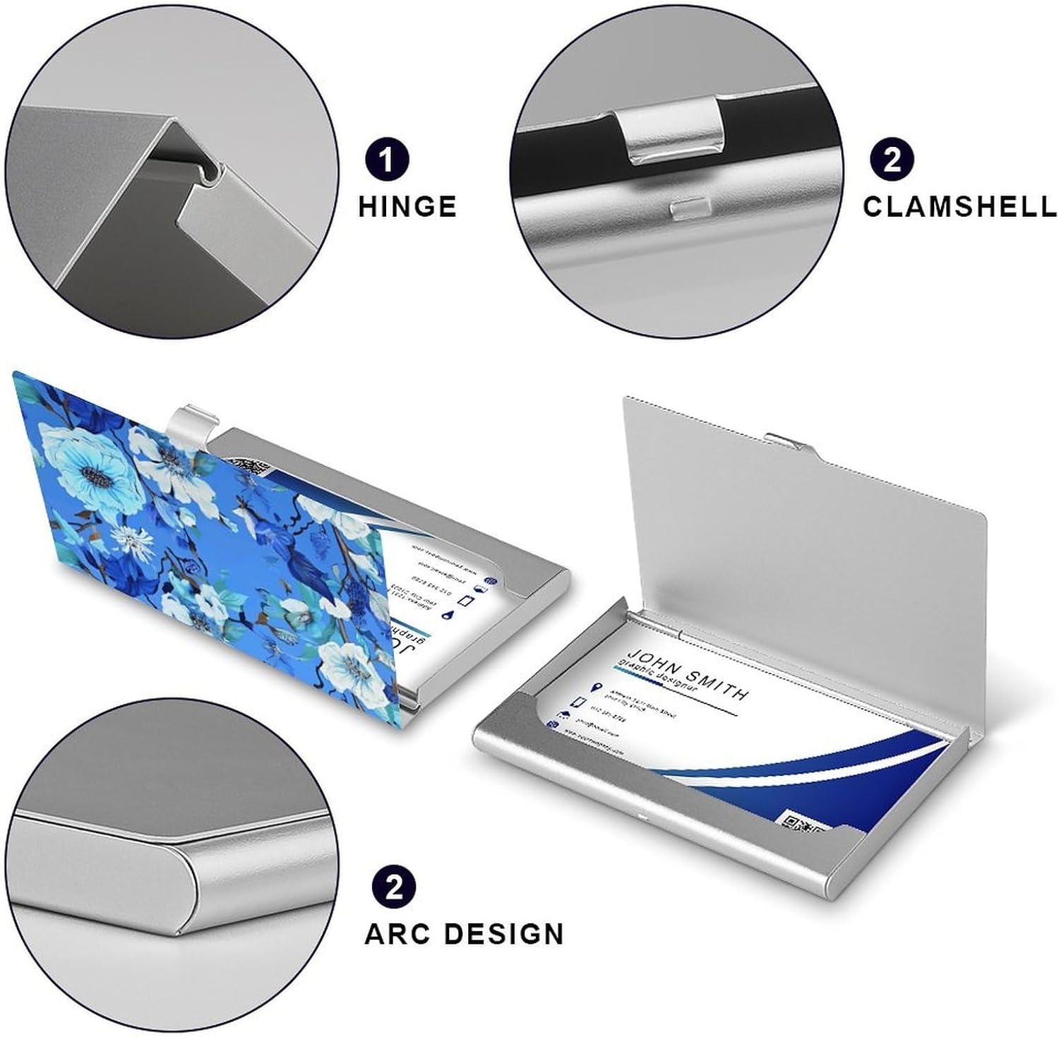 Blue Floral Business Card Holder Slim Large Capacity Flip Cover Business Cards Case Lightweight Waterproof Aluminum Alloy Pocket Card Holder for Women Men