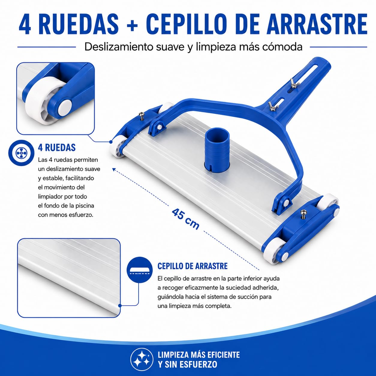 Limpiafondos de aluminio para piscina - Fijación palomilla - Cepillos de nylon - 4 ruedas - 45 cm Dpool