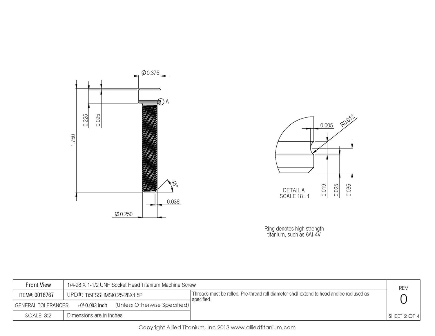0016767, (Pack of 6) 1/4-28 X 1-1/2 UNF Socket Head Machine Screw, Grade 5 (Ti-6Al-4V)
