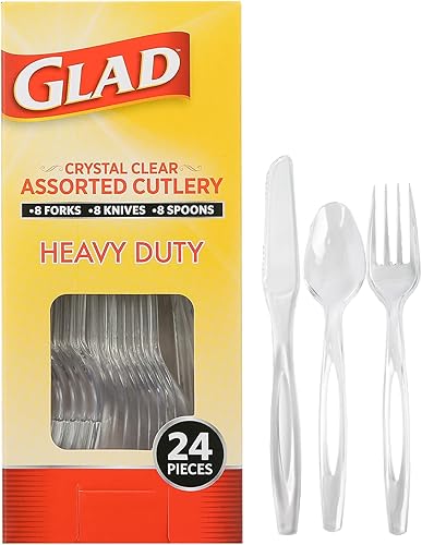 Glad Glad - Tenedores de plástico surtidos para cubiertos, 24 unidades, cubiertos de plástico transparente y resistente, 8 tenedores, 8 cuchillos, 8