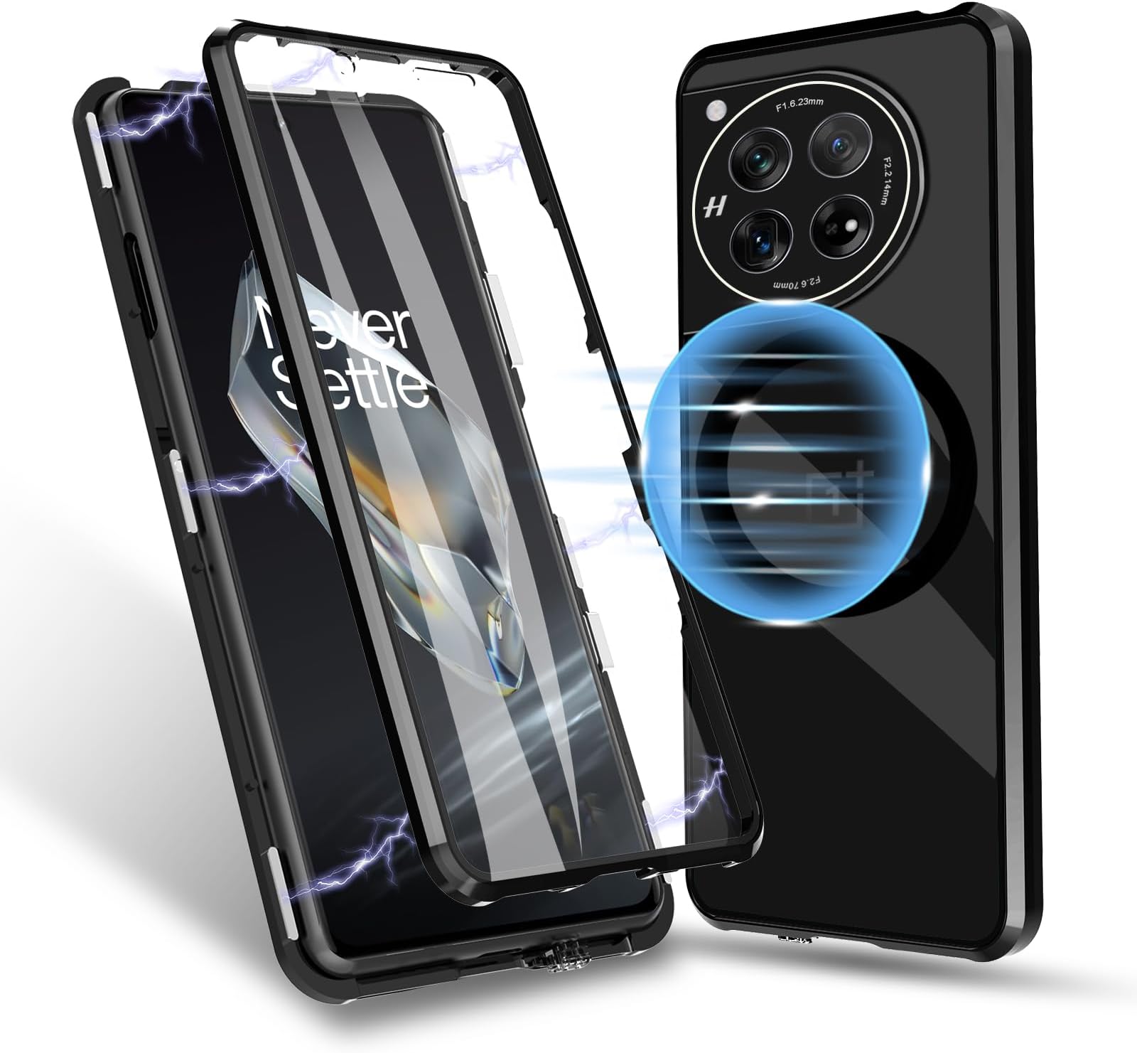 Magnetic Case for OnePlus 12 5G - [Mag-Safe Compatible] Metal Bumper Attraction Case with 360 Clear Tempered Glass Front + Hard PC Matte Back, Lens Protection - Black