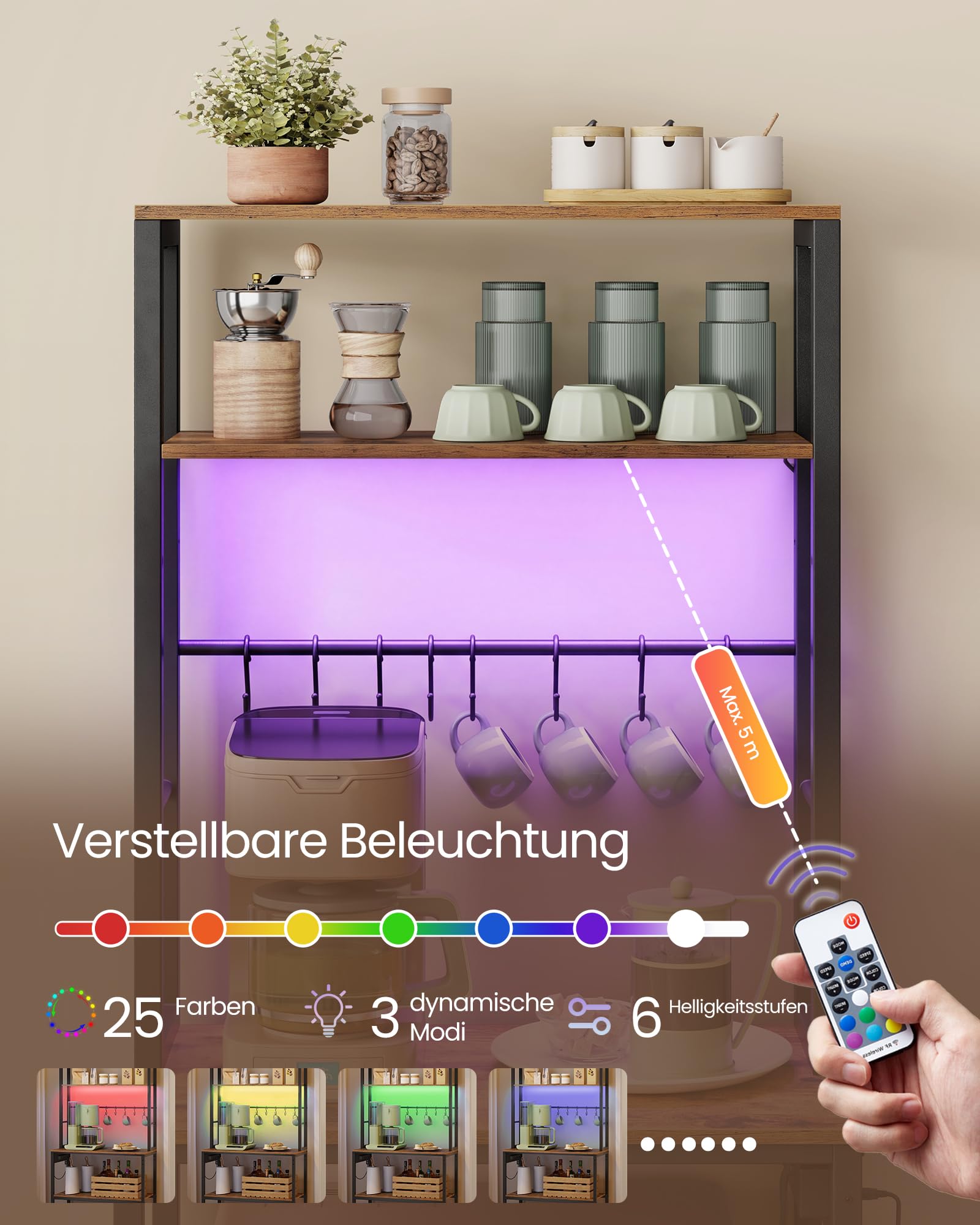 VASAGLE Küchenregal mit LED-Beleuchtung, Standregal mit Steckdosen