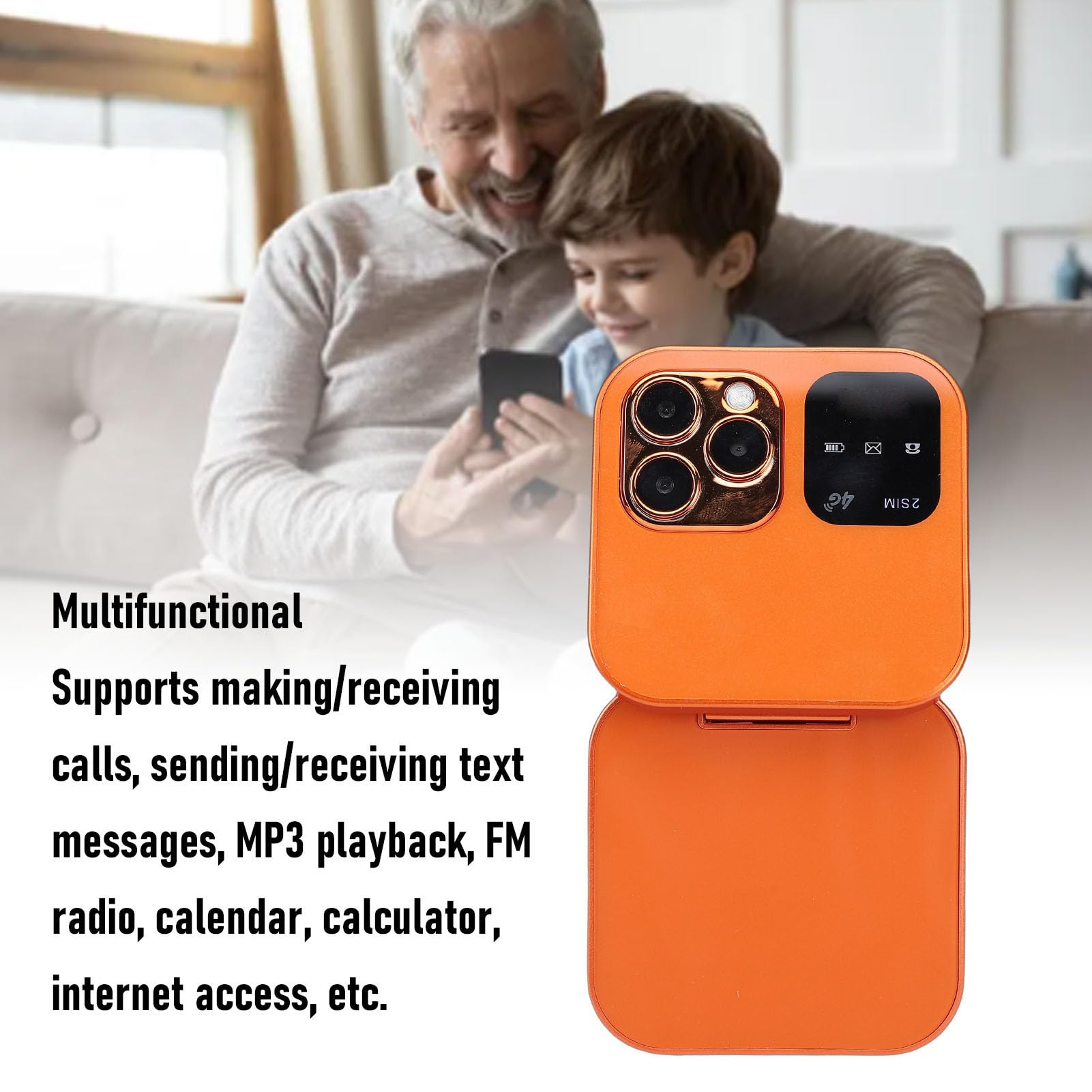 Elprico Teléfono con Tapa 4G LTE, Teléfono Celular Desbloqueado para Personas Mayores con Doble SIM en Espera, Pantalla de 1,77 Pulgadas con Bluetooth 5.0 y Altavoz de Alto Volumen, para (Orange)