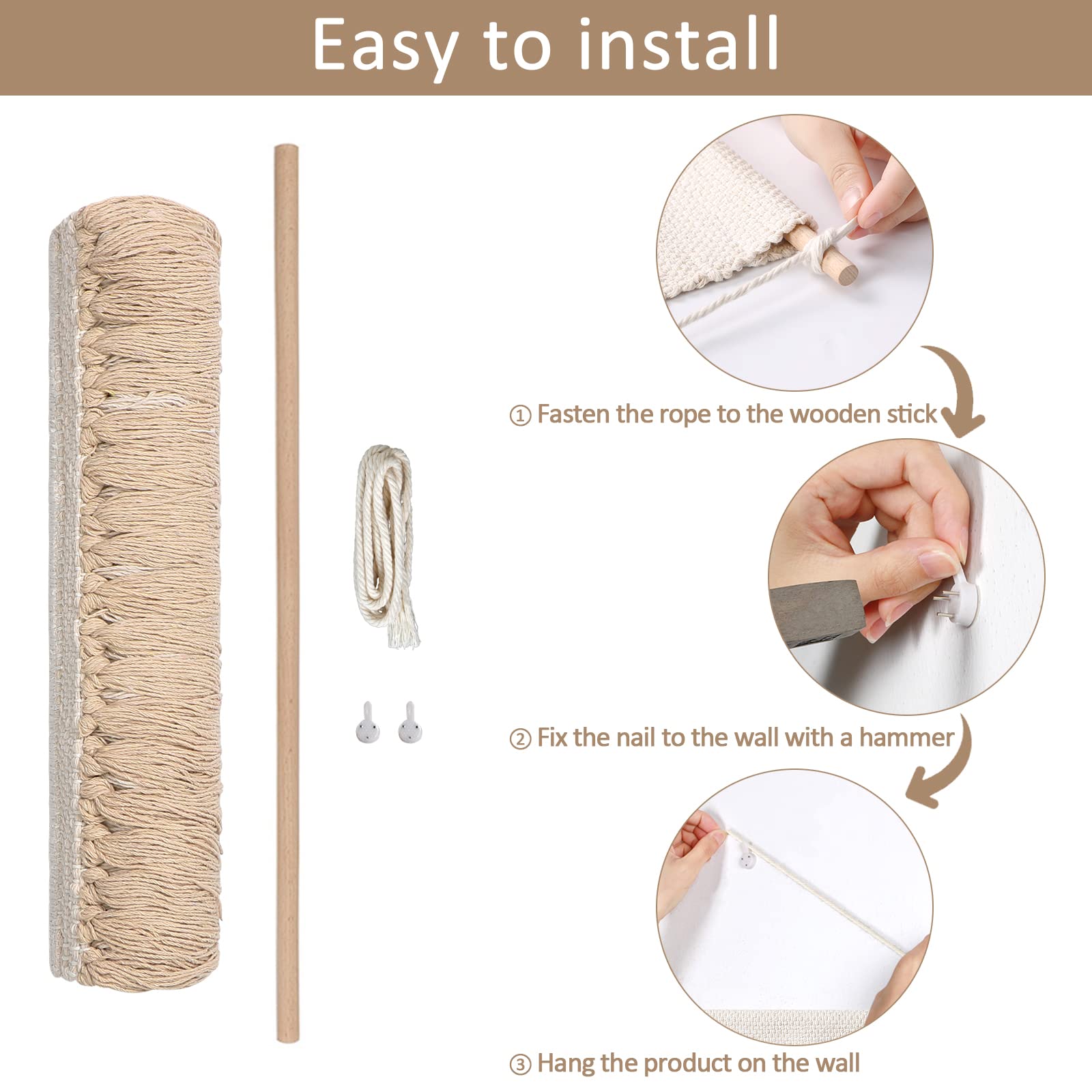 Macramé tejido para colgar en la pared, decoración bohemia de ondas geométricas beige con bola de lana y borla, elegante apartamento, dormitorio, habitación, decoración de puerta, 15.7 7