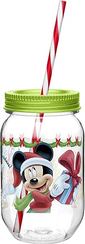 Zak! Designs Tritan Mason Jar vaso con tapa atornillada y pajita con Mickey & Minnie Mouse, plástico resistente a la rotura y libre de BPA, 19 oz.