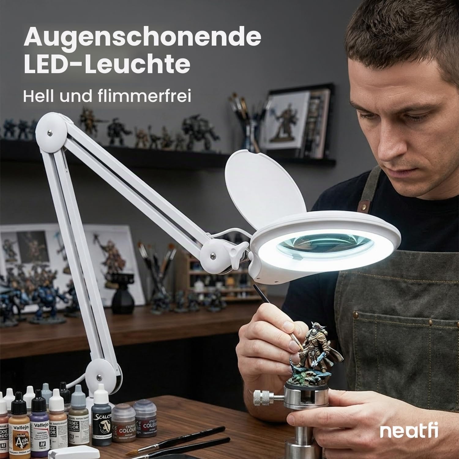 Neatfi LED-Lupenlampe mit Klemme, 1.200 Lumen – 12,7 cm 8-Dioptrien-Glaslinse, dimmbares Arbeitslicht | Verstellbarer Arm | Lesen, Nähen & Basteln (Weiß, 8 Dioptrien)