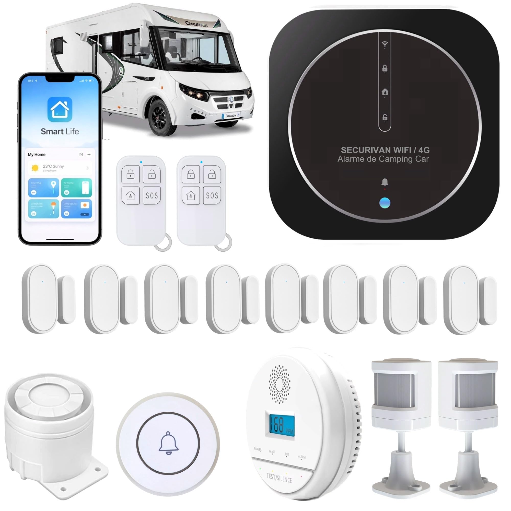 Alarme de Camping Car – WIFI/4G – Surveillance 24h/24h – Alerte sur téléphone - 2 Sirènes – Basse consommation – Adapté aux cloison Alu/Polyeste - Expédiée programmée – Détection Monoxyde de Carbone