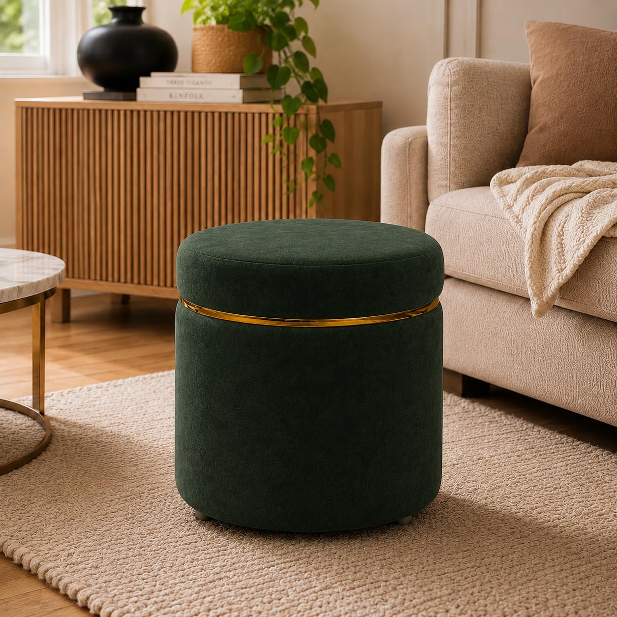 Zenture Modern Velvet Puffy Ottoman Stool for Living Room | Round Footrest Pouffe with Gold Accent Band | Soft Cushioned Seat for Dressing Table, Bedroom & Home Décor (1, Green)-image-14