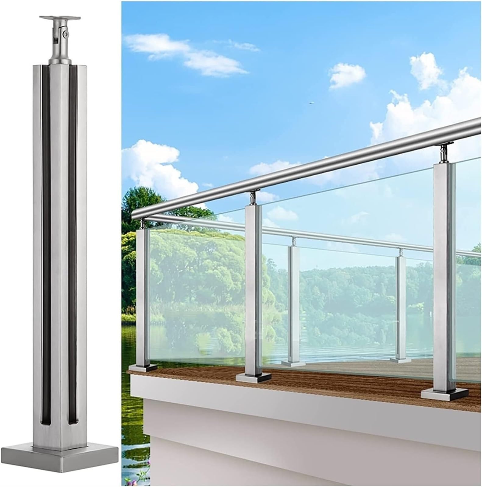Poteau de balustrade inox carré connecteur flexible système garde-corps verre angle 65 cm