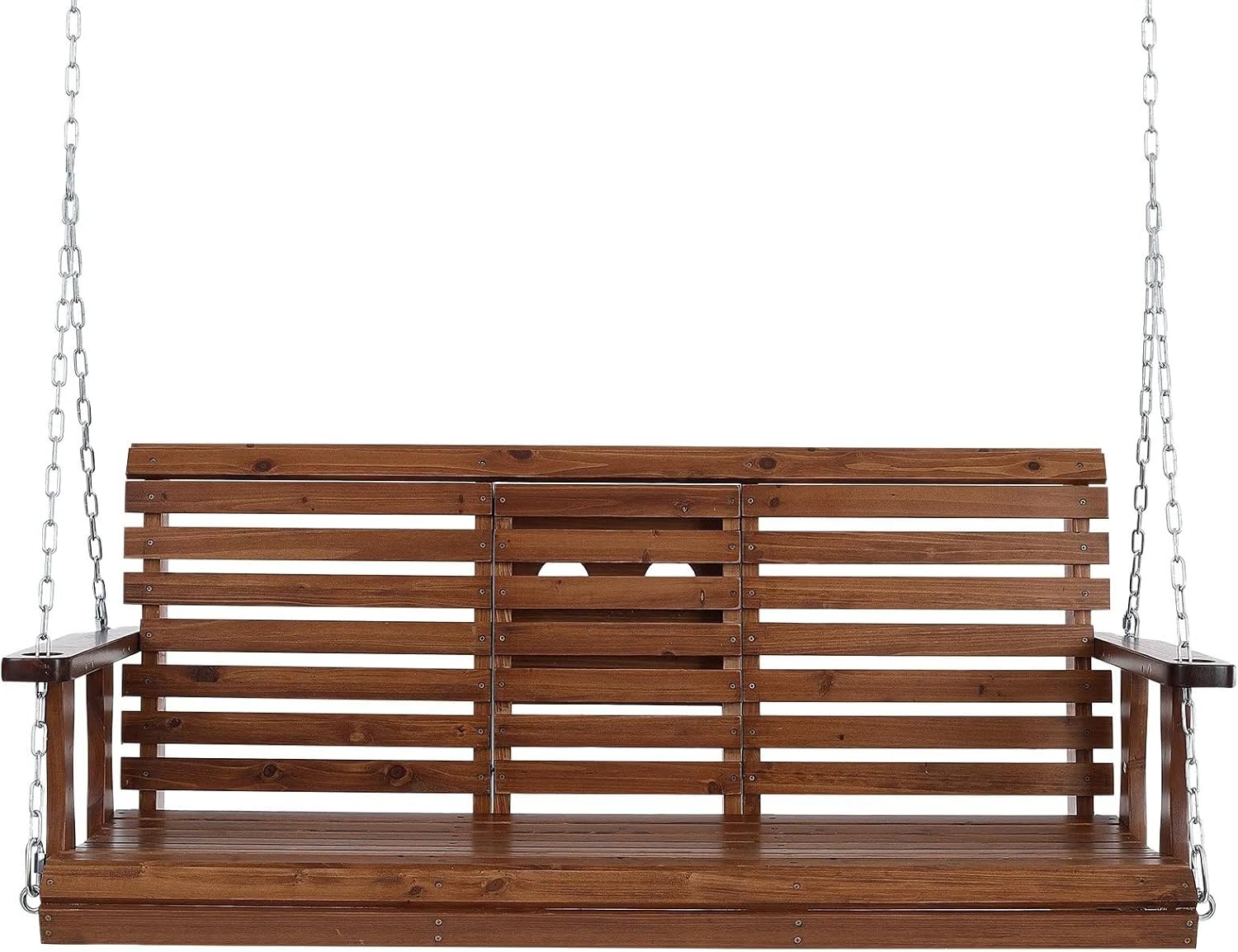 5 Ft Wooden Porch Swing with Flip Cup Holder, Swing Chair Bench with Hanging Chains for Outdoor Patio Garden Yard (Brown, 5FT / Flip Cup Holder)