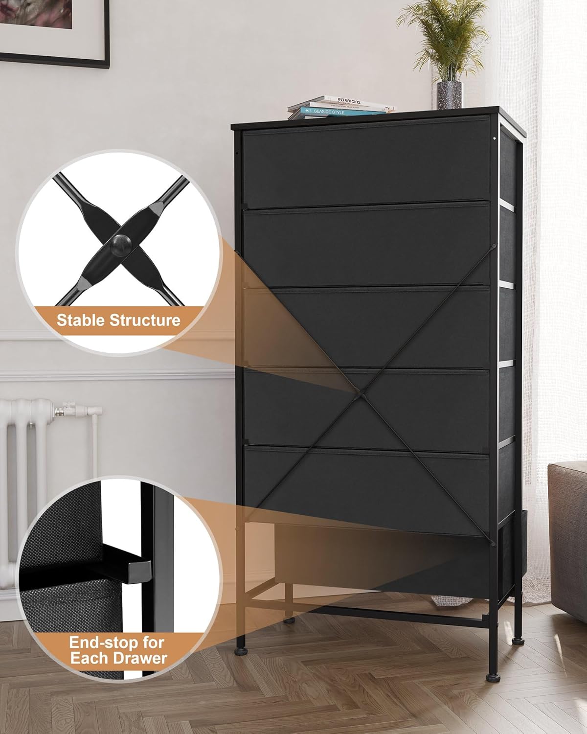 Crestlive Products Rattan Dresser Storage Tower, Tall Fabric Dresser, Chests of Drawers, Wood Top - Organizer Unit for Bedroom, Hallway, Entryway, Closets (Black, 6 Drawers)