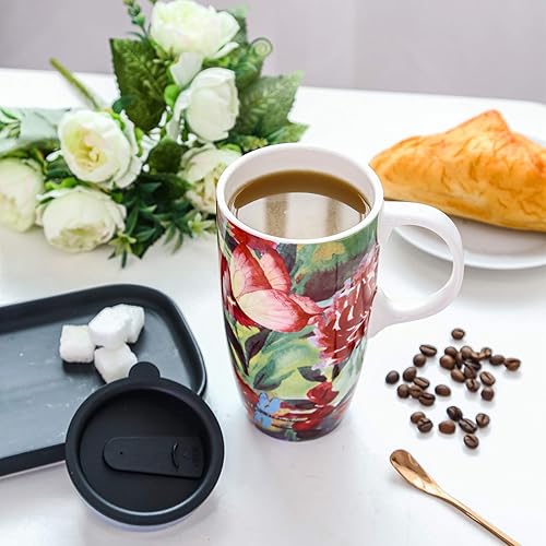 Miniatura 10 de Topadorn Taza de café de cerámica con tapa de 17 onzas, taza de té alta de porcelana con asa para el hogar y la oficina, taza roja con patrón de