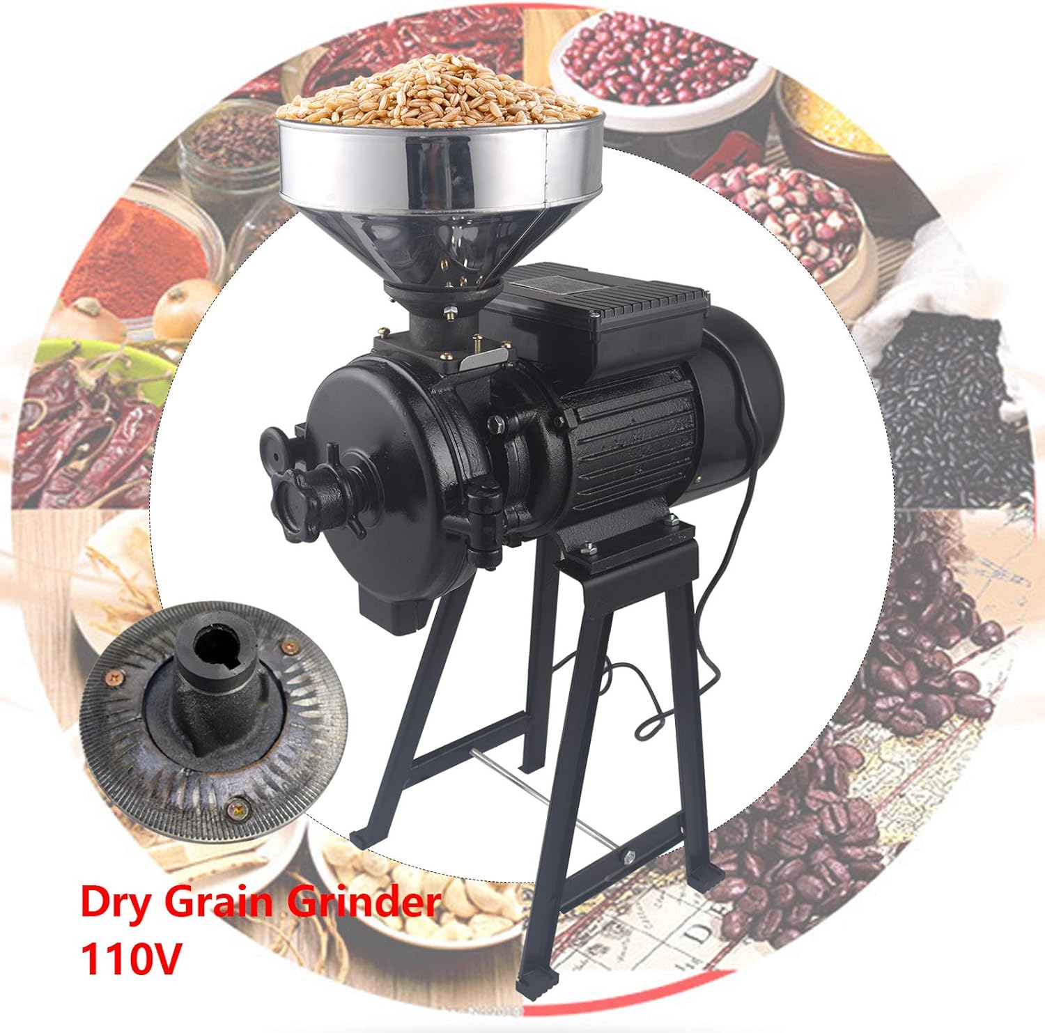 110V 1500W Large Commercial Electric Grain Mill Grinder Machine Dry Cereals Grinder Flour Mill for Home Use Pulverizer Grinding Machine for Kitchen Herb Spice Pepper Coffee Grains