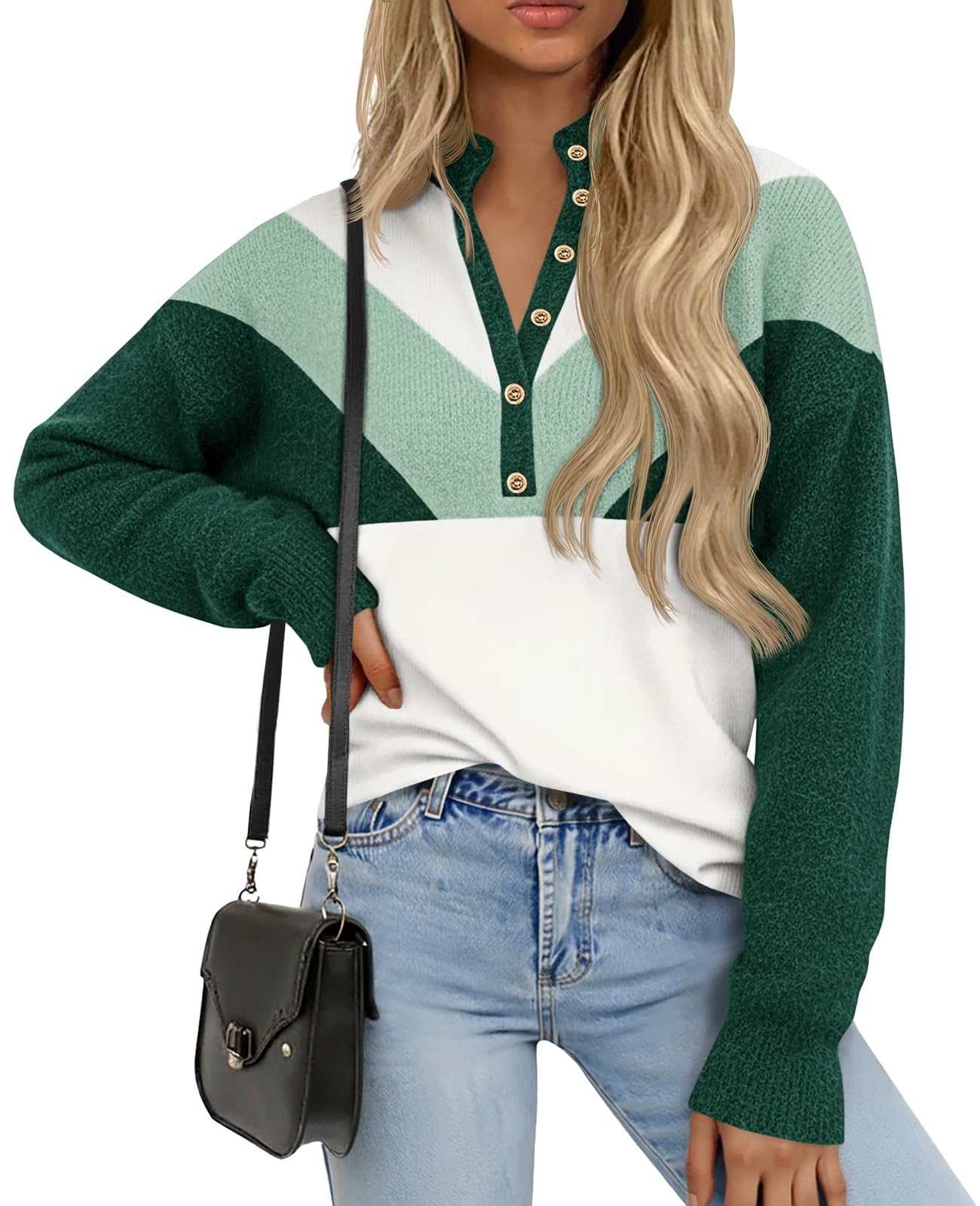 Saodimallsu Womens Color Block Sweaters Mock Neck Button Long Sleeve Knit Henley Shirts Loose Casual Pullover Tops