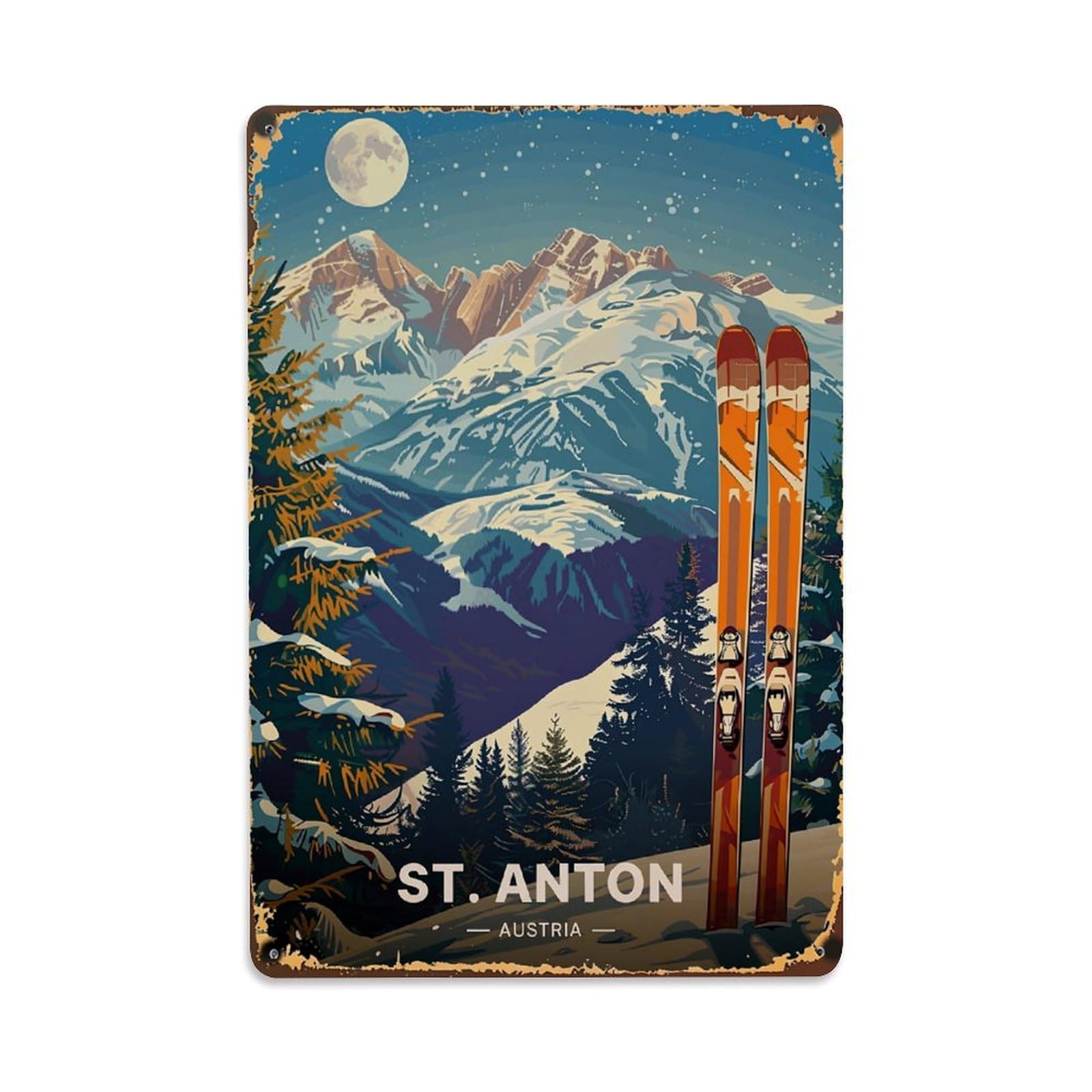 Mountain Ski Scene Night Sky Pine Trees Retro Metal Tin Sign, Vintage Decor Art Poster for Bar, Home, Man Cave, Kitchen, Laundry Room Gift 8x12Inch