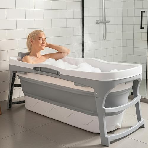 Portable Bathtub for Adult- Extra Large 56" Foldable Collapsible tub. Ergonomically Designed for the Ultimate Relaxing Soaking Bath, Ice Bath. Ideal for Small Spaces, Quick, Effortless Folding Bathtub
