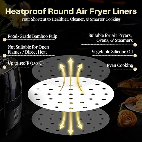 Miniatura 4 de Flexzion Papel pergamino perforado de 7.5 pulgadas para forros de freidora de aire, redondo, sin blanquear, 200 hojas de 3.5 y 3.7 cuartos de galón,