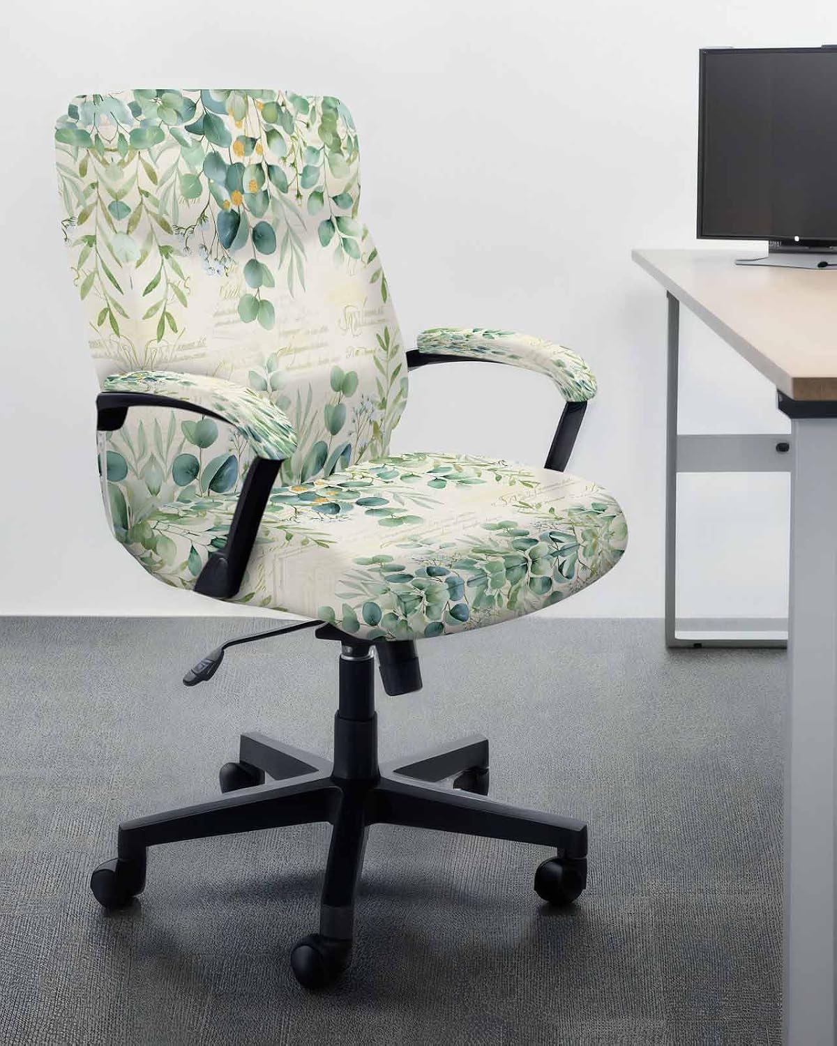 Green Office Chair Covers with Armrest Covers, Rotating Chair Cover, Eucalyptus Leaves Armchair Slipcovers Decorative Backrest and Seat Protectors, Large