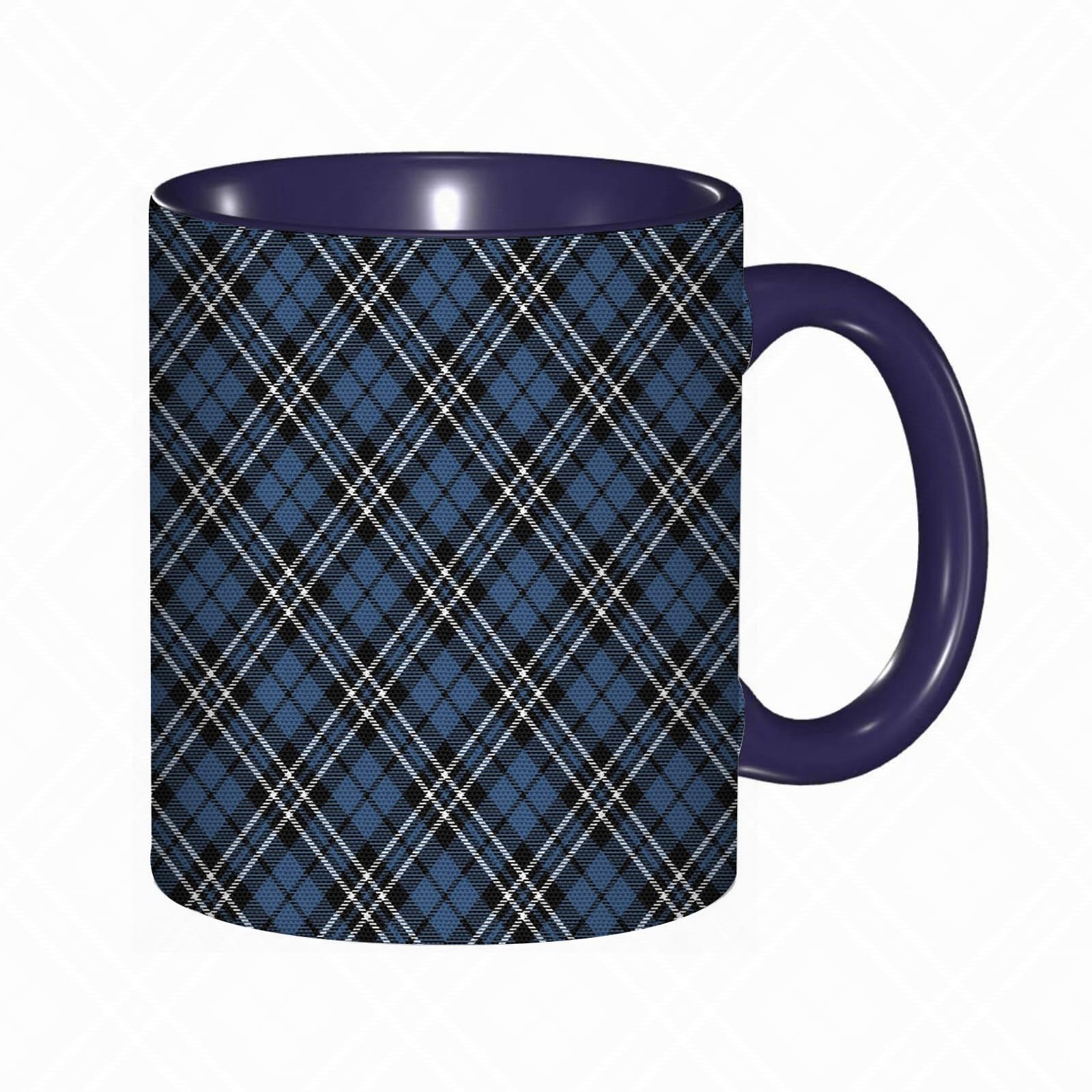 RFSHOP Coffee Mug British Tartan Diagonal Traditional Pattern with Folk Country Style Night Blue Print 11Oz Ceramic Tea Cup with Handle for Home Office Christmas Birthday
