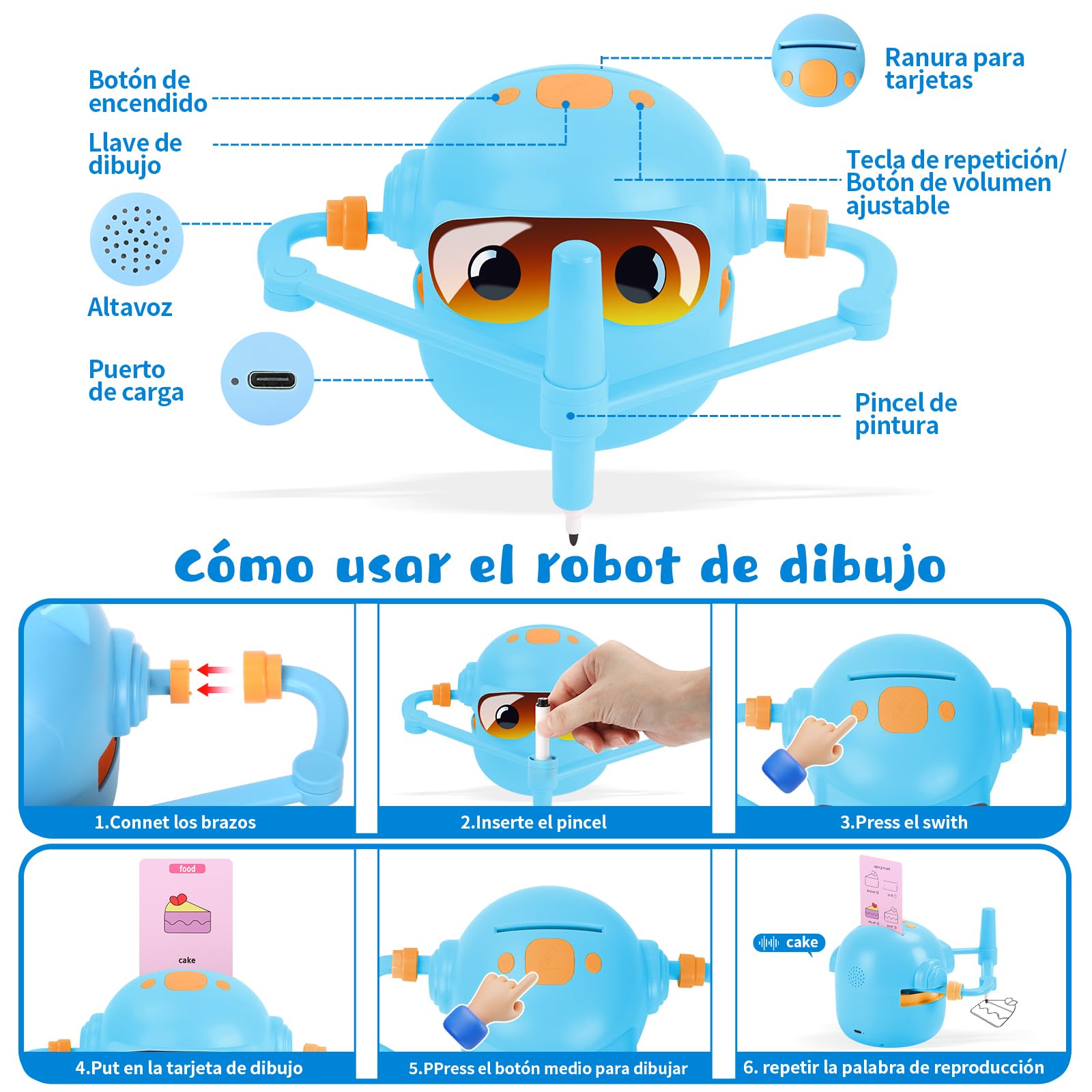 Charmofun Robot de Dibujo para Niños, Drawing Robot con 100 Tarjetas, Robots Inteligente Juguete Recargable, Juguete Educativo Interactivo con Voz para Niños y Niñas a Partir de 3 Años (Azul-2)