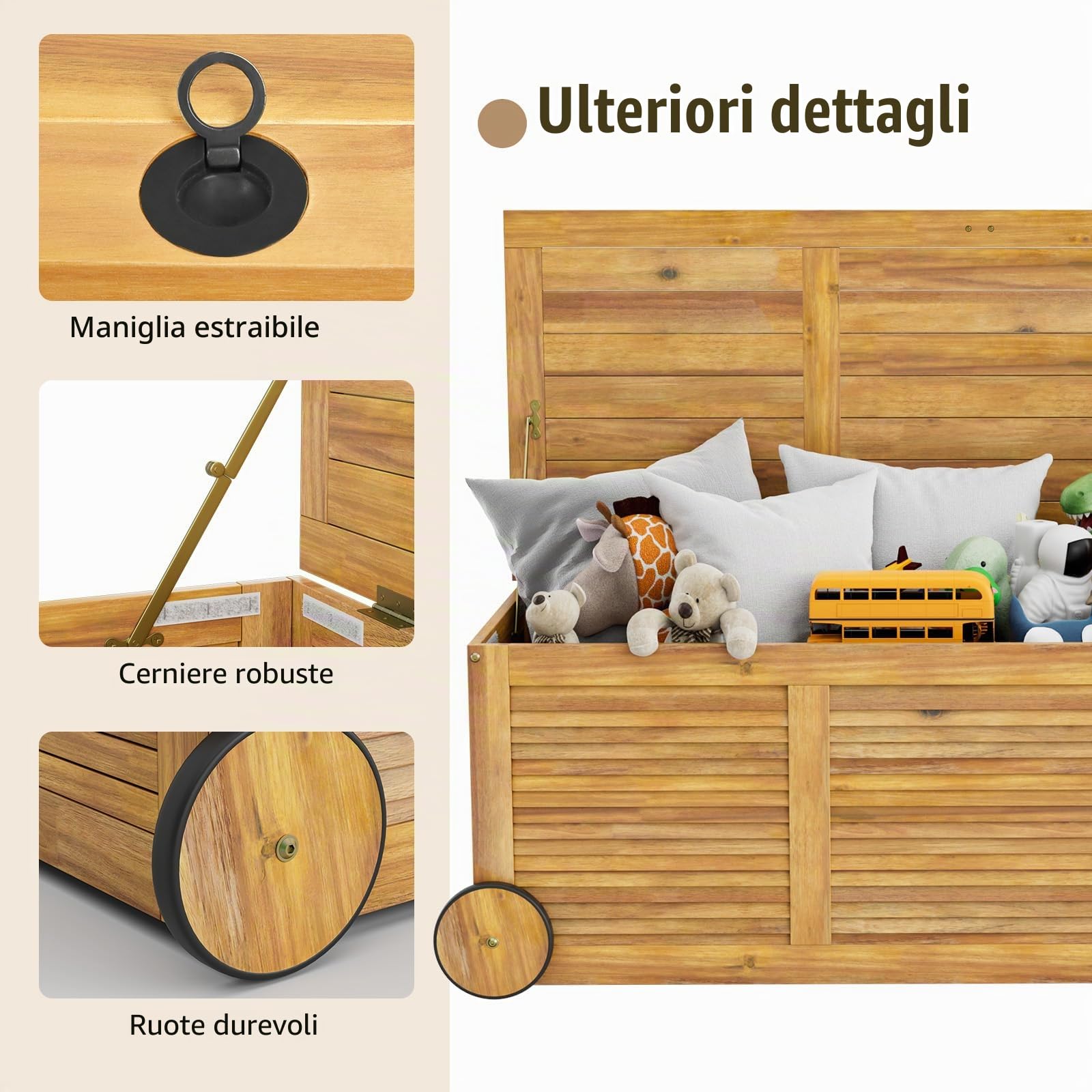 HOMASIS Cassapanca Da Giardino 182L Con Ruote In Legno Di Acacia, Scatola Per Cuscini Con Tasca Interna Impermeabile, Scatola Per Giardino Con Maniglia, Cassapanca Resistente