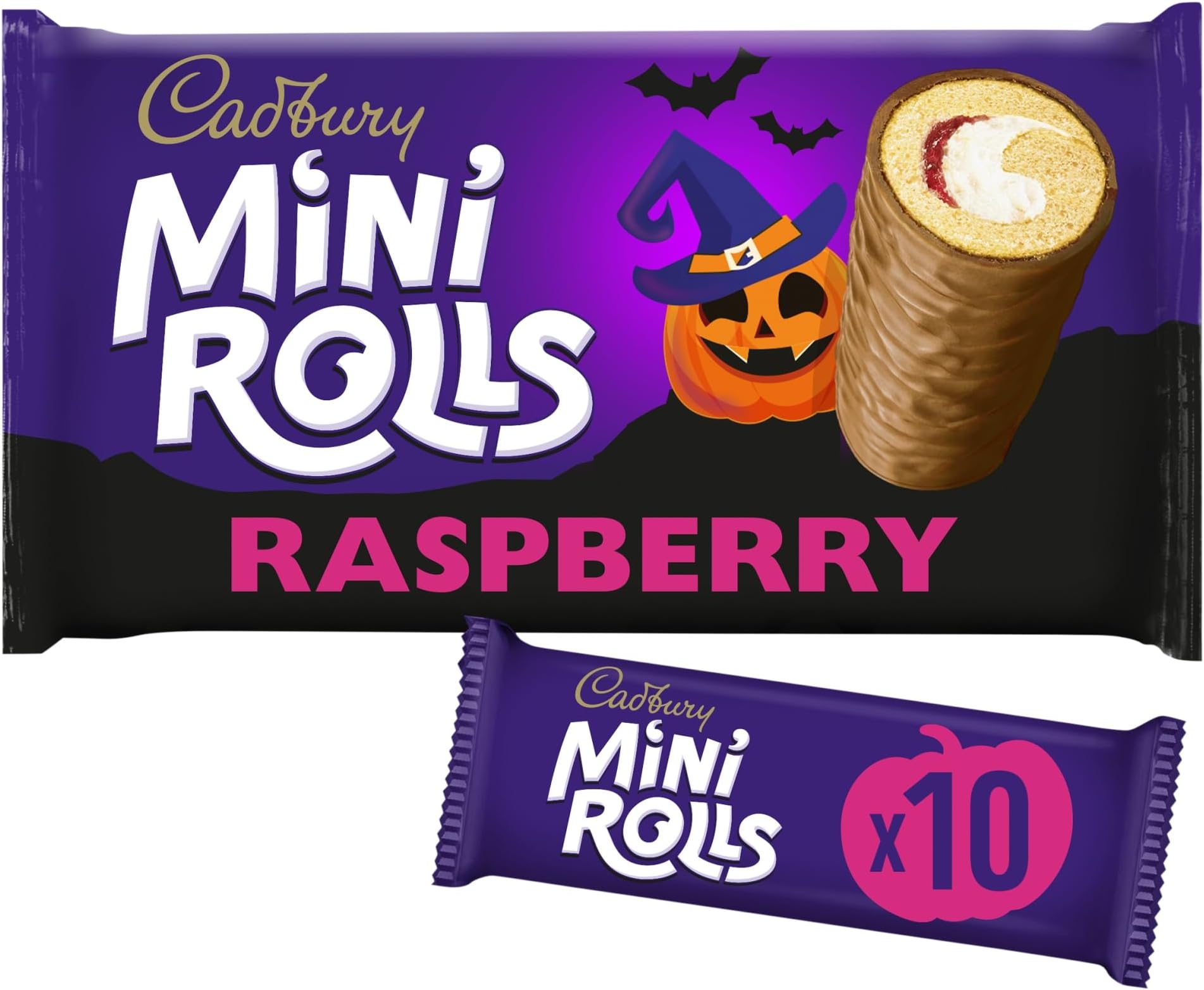 Cadbury Mini Rolls Raspberry Rolls, Chocolate Coated Sponge Cakes With Raspberry Flavoured Filling, 10 Individually Wrapped Snack Bars (Pack of 1)
