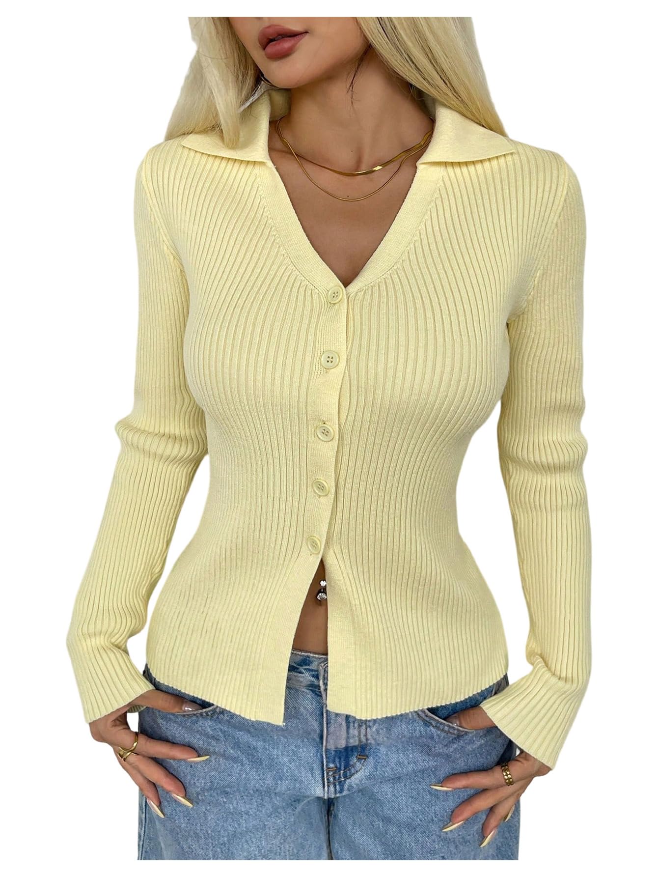 Verdusa Womens Button Up Cardigan Rib Knit Cozy Sweater Trendy Fall Collared Tops