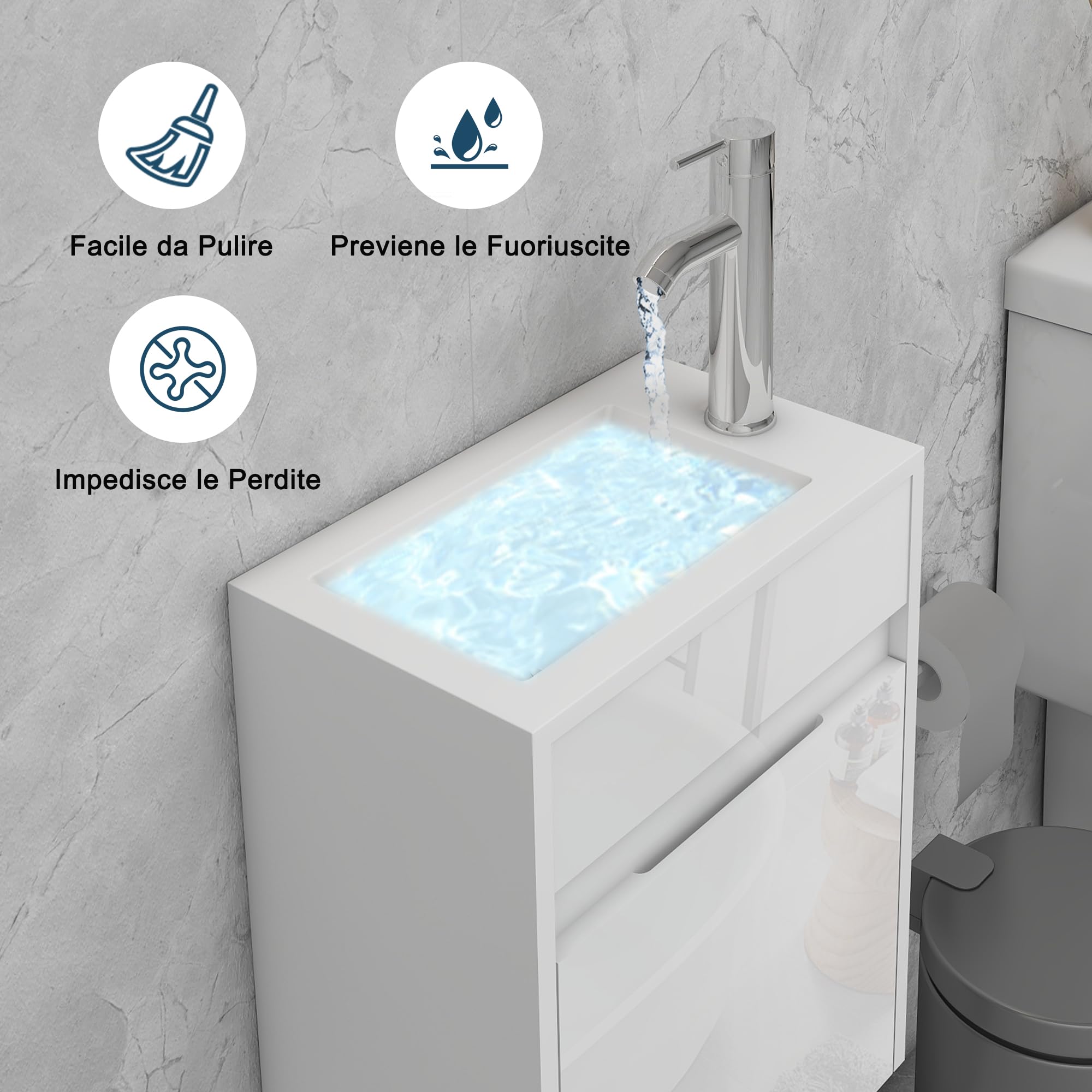 UEV Mobile Bagno con Lavabo in Resina, 41CM Mobili Bagno Salvaspazio Sospeso, Rubinetto Cromato a Risparmio Idrico e Scarico Pop Up, Piccolo, Bianca