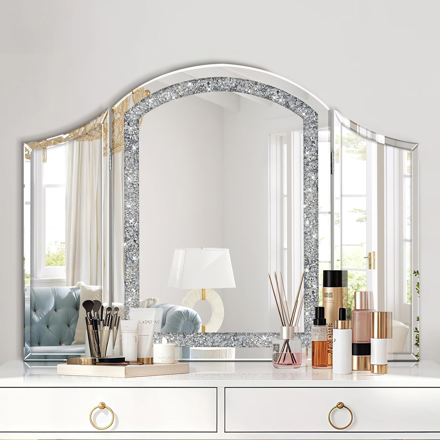 Modern Trifold Mirror, 32 x 24 Inch Crushed Diamond Vanity Mirror for Bedroom, Bathroom, Glam Mirrors for Wall Decor Entryway Fireplace Mantel