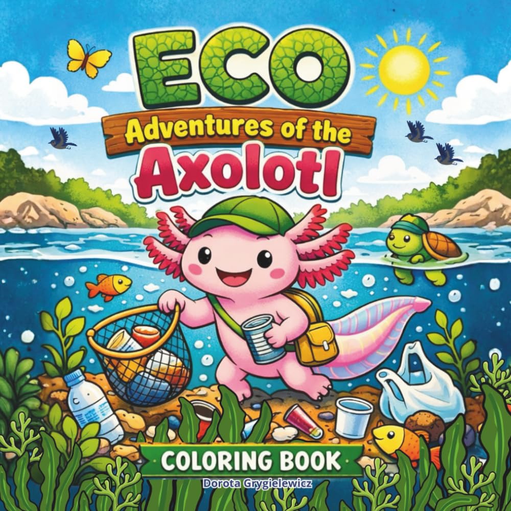 ECO Adventure od the Axolotl Coloring Book for Kids: A set of adventure coloring illustrations about a unique little axolotl cleaning the bottom of ... care of the environment, easy and bold images