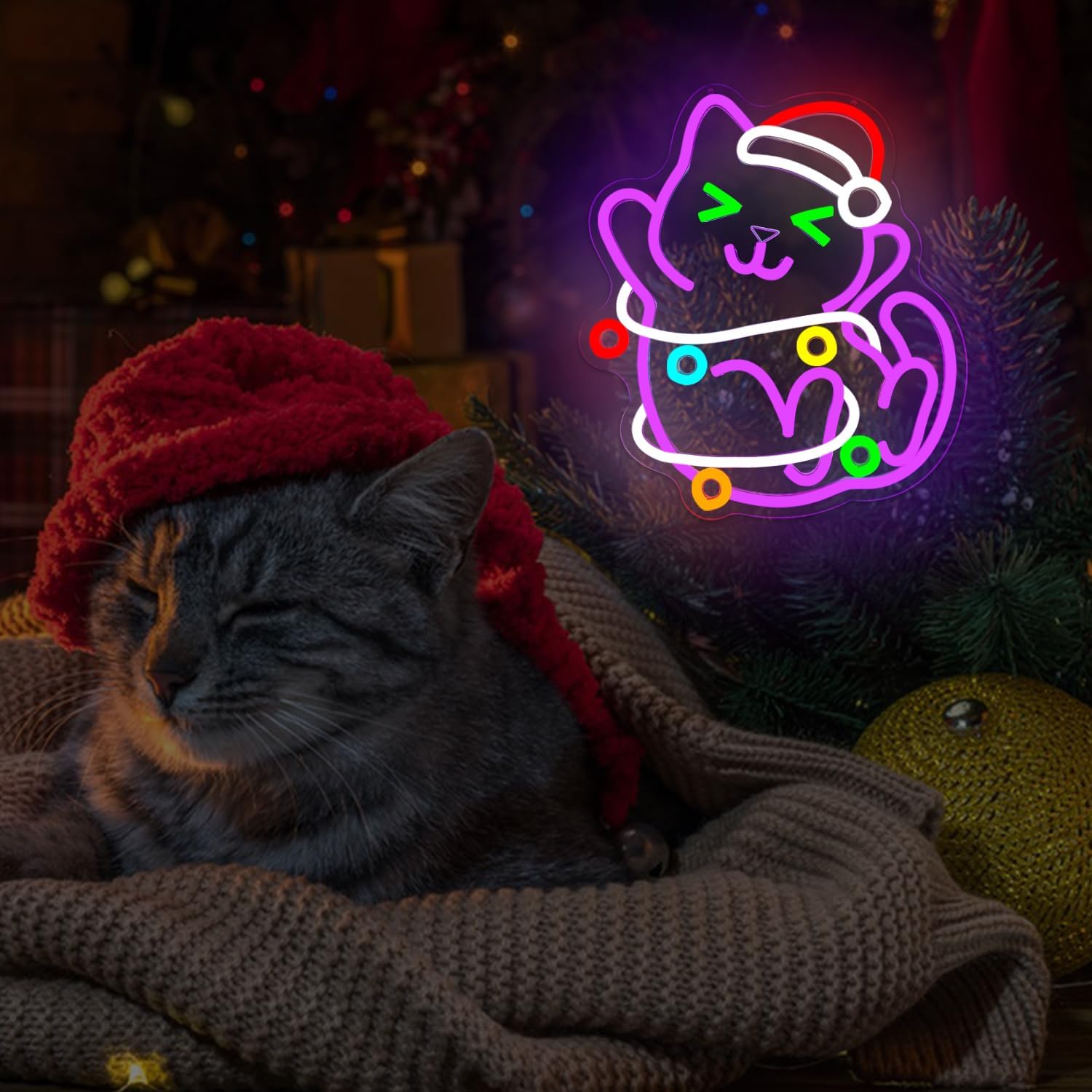 Cat Christmas Neon Sign for Wall Dimmable Black Cat Decor Neon Light Sign for Bedroom Living Room Kids Room Meowy LED Signs Cute Christmas Neon Wall Art Ornament Gifts for Children Family