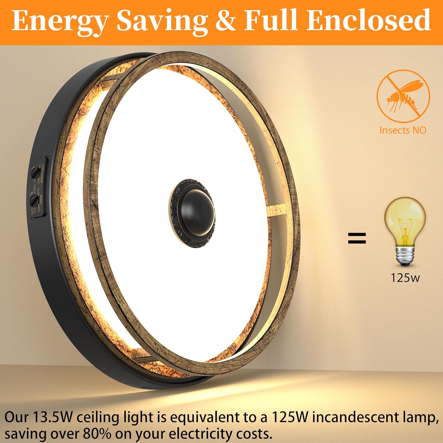 Motion Sensor Outdoor Ceiling Light, Outdoor Flush Mount LED Farmhouse Ceiling Light Fixtures, 12" Dusk to Dawn Porch Lights for Outdoor Ceiling, Rustic Ceiling Lamp for Entryway