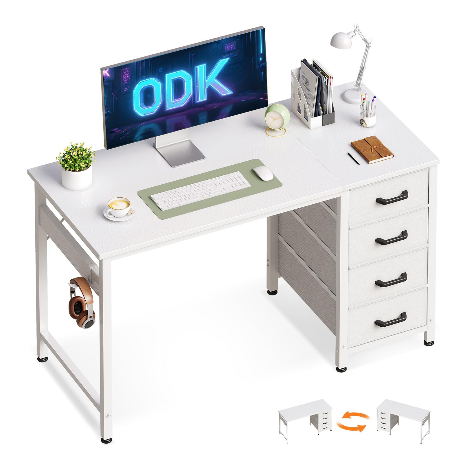 ODK Computer Desk with Drawers, 100 x 48 cm Office Desk with Storage & Headphone for Small Spaces, Reversible Small Study Table for Home Office, White