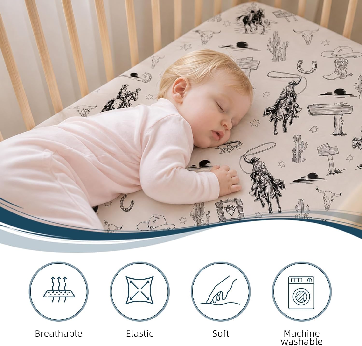 4 Pack Vintage Western Crib Sheets Set - Fits Standard 52"x28"x8" Crib & Toddler Mattress, Soft Breathable Polyester Baby Nursery Bedding, Retro Cowboy Horse Cactus Print Fitted Sheets for Boys