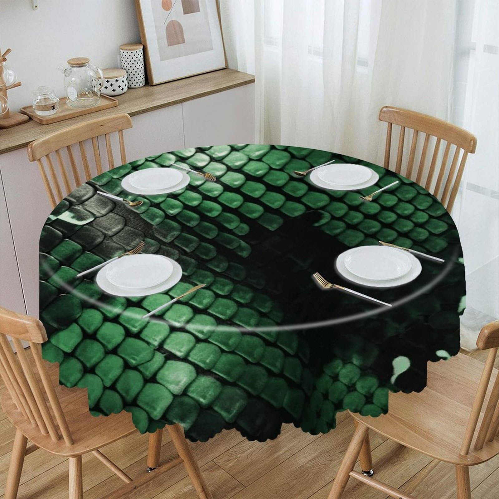 VstaDank Green Snakeskin Round Tablecloth Wipeable Round Polyester Tablecloth Waterproof Wrinkle Free Indoor and Outdoor Table Cover 60 Inch Decorative Farmhouse Table Cloth for Dining