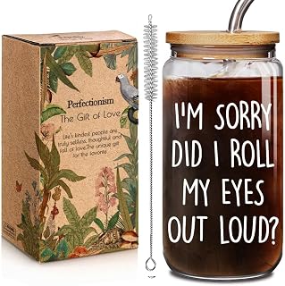 Funny Quote 16oz Glass Cup with Bamboo Lid Straw Christmas Gift for Bestie | I'm Sorry Did I Roll My Eyes Out Loud,Sarcastic Cups Gifts for Graduation Birthday,Mom Mama Cups