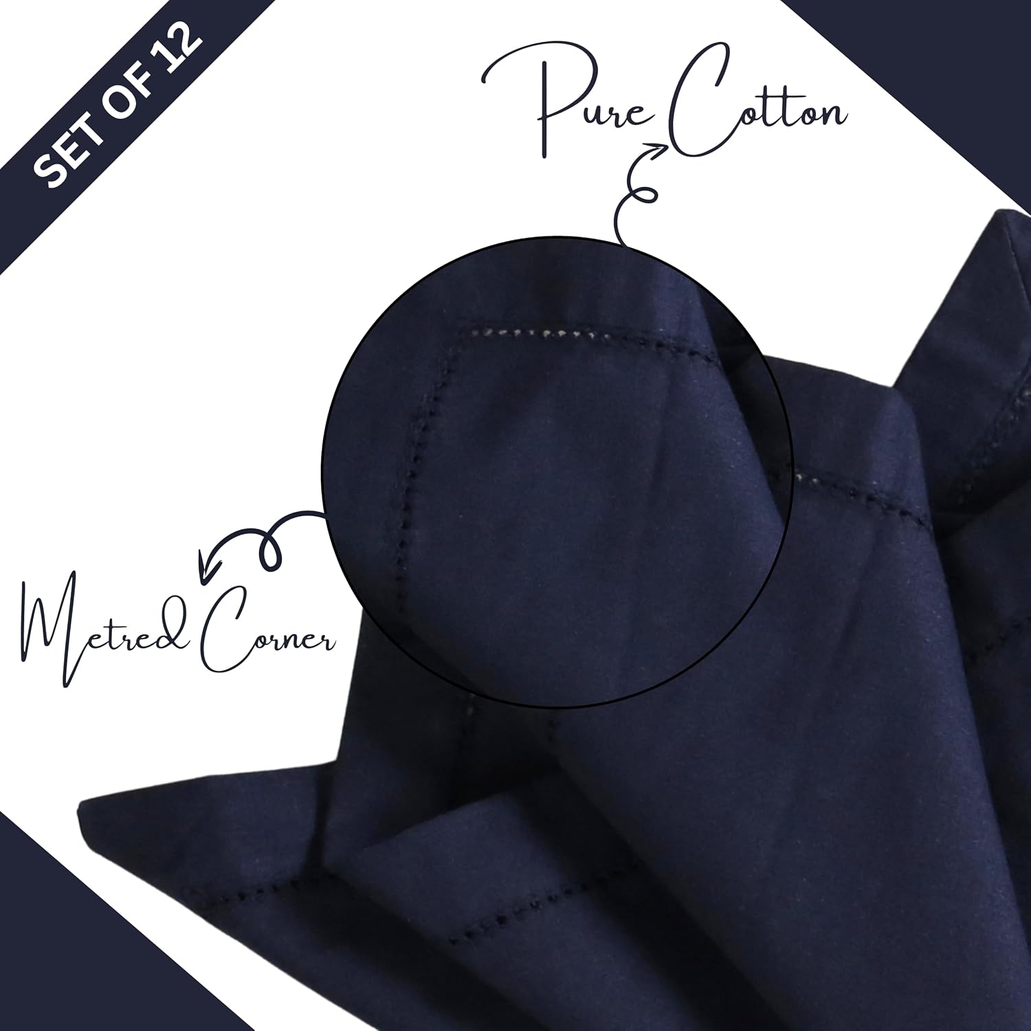 Lightnpro Hemstitched Cotton Cloth Napkins Set of 12, 18x18 Inch, Navy image 3
