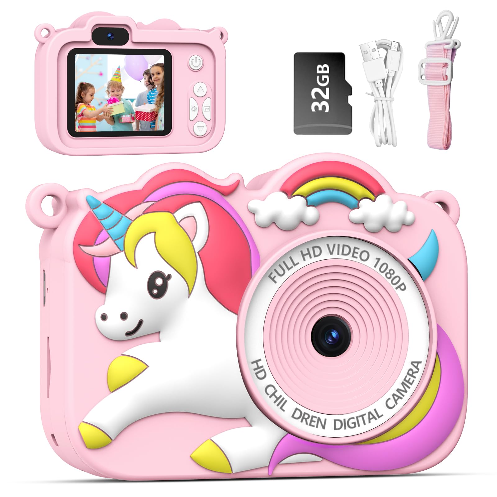 Kids Camera Toys,Hehotoy Digital Camera for Ages 3-10 Boys Girls Children,1080P HD Video Selfie Camera,Christmas Birthday Gifts for Girls Boys Age 3 4 5 6 7 8 9 10 (Pink-Unicorn)