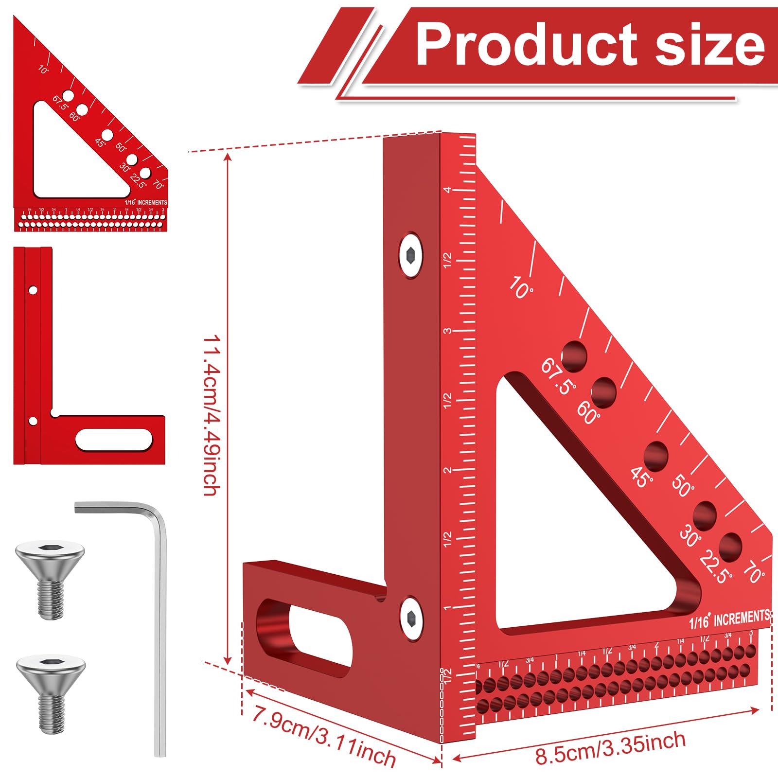 Goniometro Quadrato Per Falegnameria – Alluminio 45/90° – 112×79×85 Mm – Rosso – Strumento 3D Smontabile – Per Legno, Tubi E Marmo