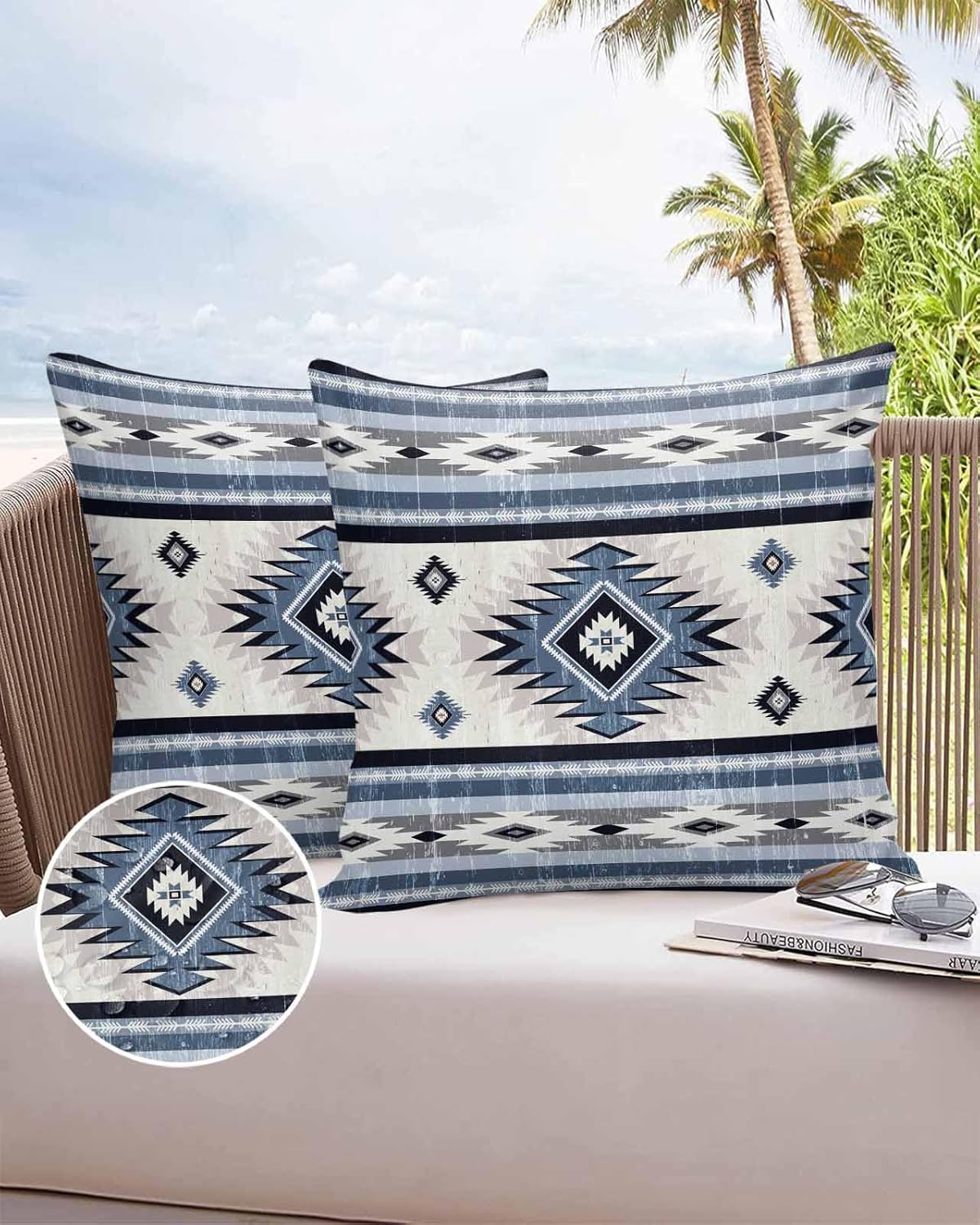 Outdoor Waterproof Throw Pillow Covers Set of 2 Blue Boho Aztec Pillowcases 20x20 Inches Southwest Tribal Geometric Patio Decorative Pillows Cushion Case Patio Pillows for Couch Bed Chair Garden
