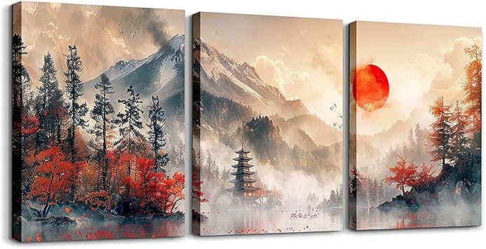 Homewish Framed Canvas Prints Mount Fuji Wall Art Japanese Mountain In Sunrise Poster Prints Modern Nature Landscape Pictures Oil Painting Canvas Wall Art Nature Scenery Wall Decor 12"X16"X3Pcs