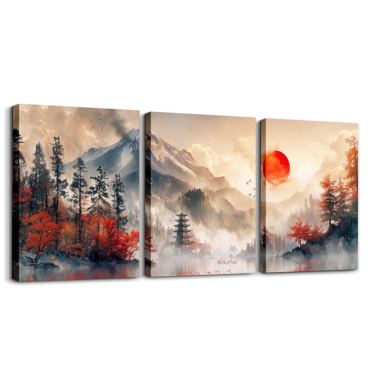 Homewish Framed Canvas Prints Mount Fuji Wall Art Japanese Mountain In Sunrise Poster Prints Modern Nature Landscape Pictures Oil Painting Canvas Wall Art Nature Scenery Wall Decor 12"X16"X3Pcs