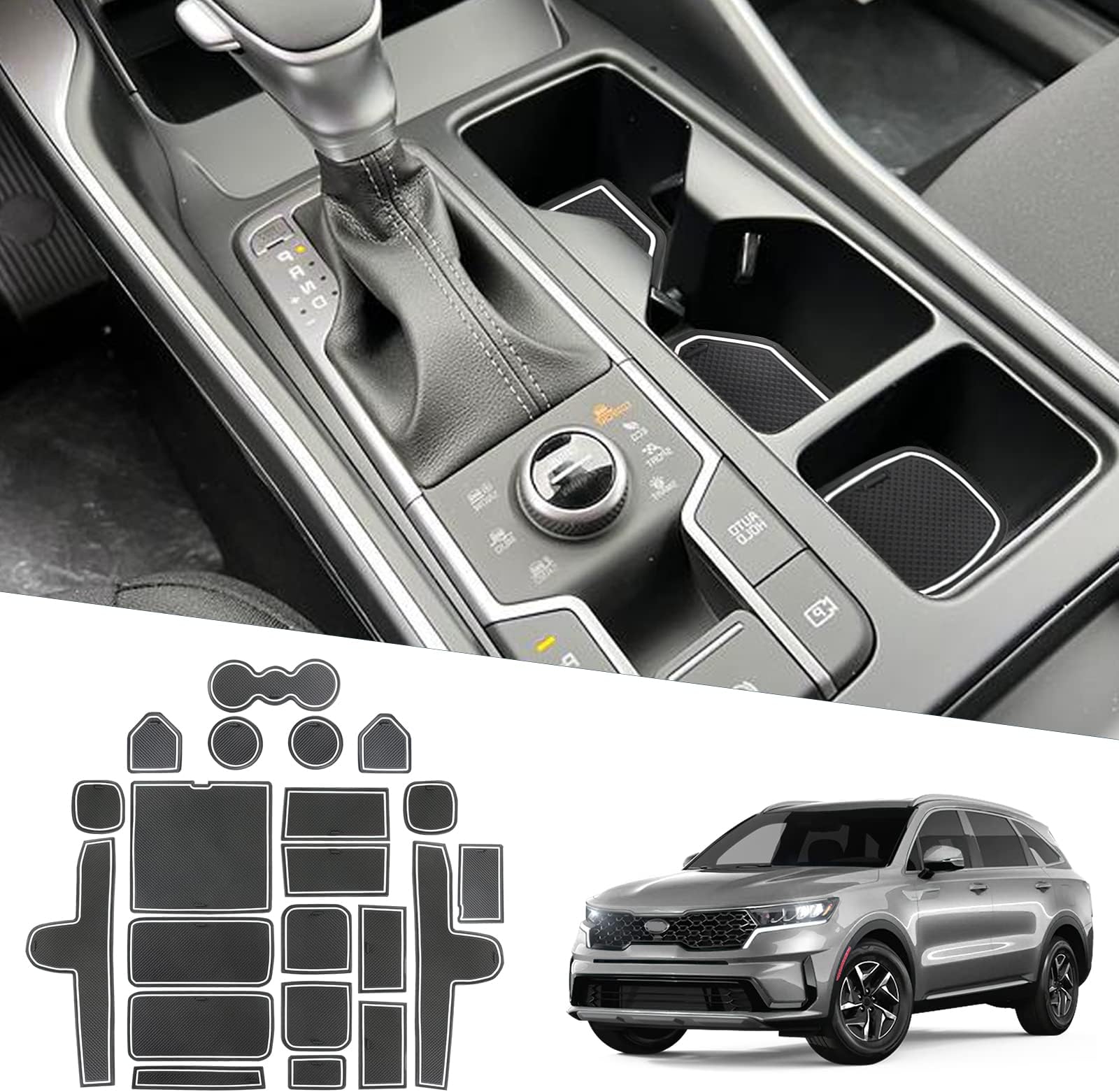 2021-2025 2026 Sorento Door Slot Mats for 2026 Kia Sorento Accessories Anti-Slip Rubber Mats Center Console Liner Compatible with 2021-2026 Kia Sorento LX/S/EX/SX/SX Prestige(19PCS/Sets)