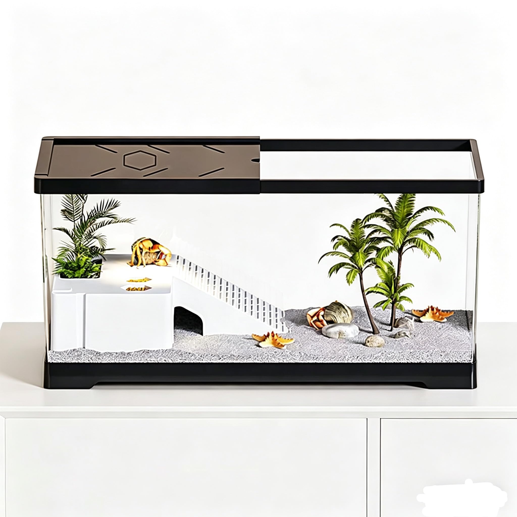 Acuario para animales acuáticos y tortugas 24" x 10" x 11", terrario de reptiles de 11 galones con área para tomar el sol y drenaje en el fondo, hábitat para tortugas jóvenes, cangrejos de río
