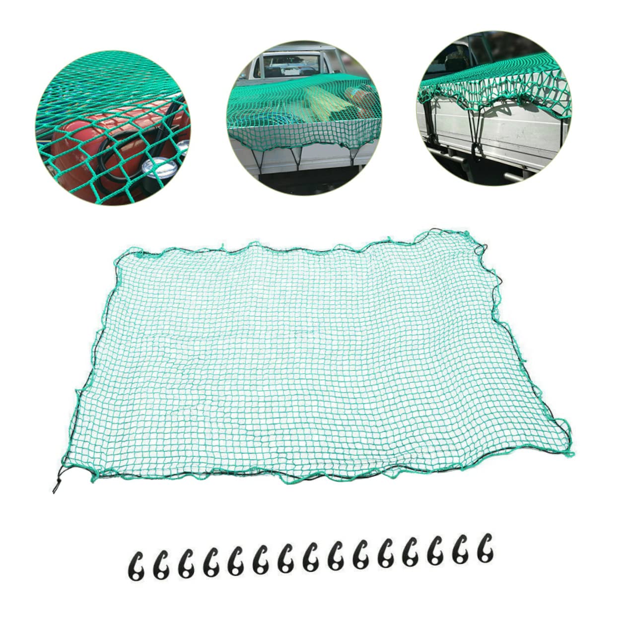 Rete di Carico per Pickup e Camion, Copertura per Cassone in Nailon Verde, Resistente All'abrasione, con Ganci e Corda Elastica per Campeggio e Trasloco