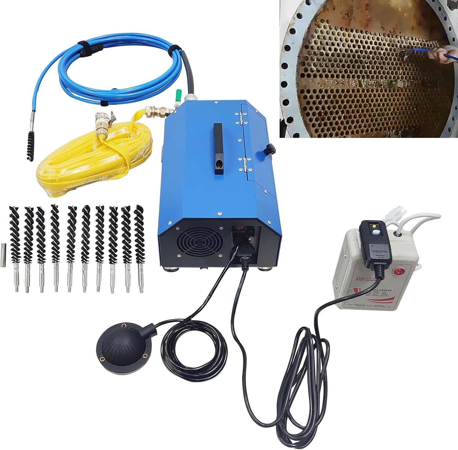 TECHTONGDA Chiller Condenser Tube Cleaning Machine for 0.6-0.7 Inch Pipe Diameter, 110V/220V Heat Exchanger Tube Cleaner Machine with Water Spray Rotary Brush, Portable Copper Pipe Cleaner