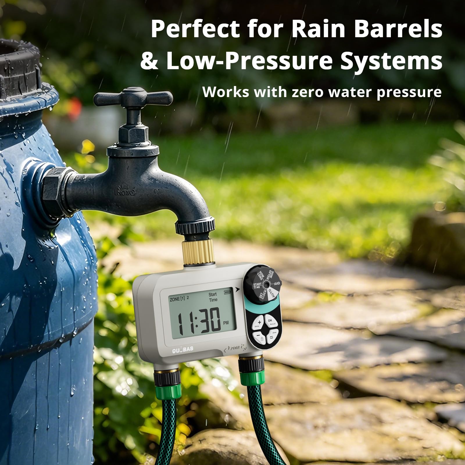 QUOBAS Timer per irrigazione a pressione zero con blocco bambini, timer programmabile per tubo da giardino con porte in ottone, sistema di irrigazione manuale o automatico, 2 zone di irrigazione per