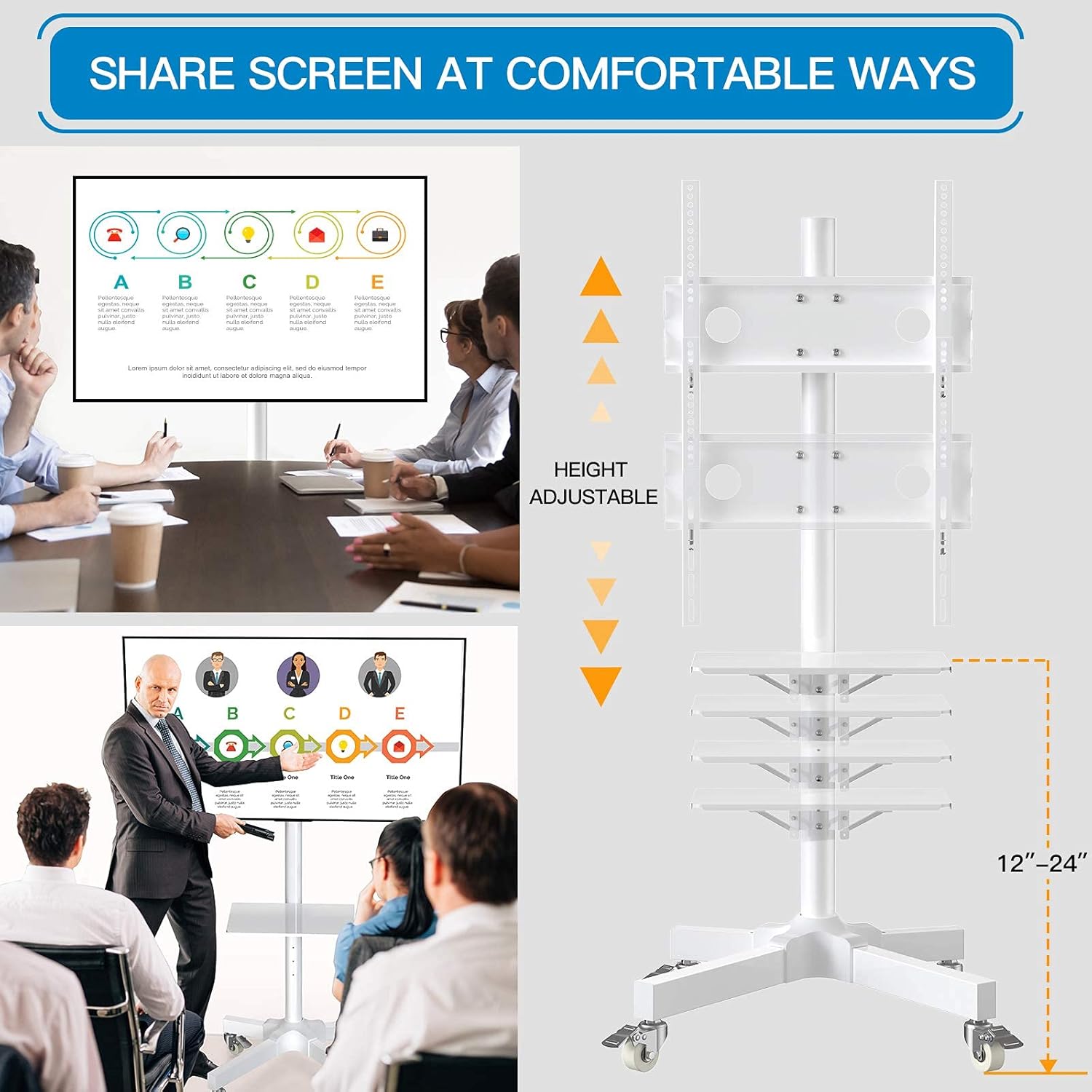 Mobile TV Cart w/Wheels for 23 to 55 inch LCD LED 4K Flat Curved Screen TVs, Height Adjustable Shelf Trolley Floor Stand Holds up to 55lbs, Monitor Holder w/Tray Max VESA 400x400mm PSTVMC04W White : Office Products